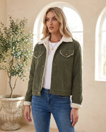 Sage Cropped Trucker Jacket with Plush Collar – Army Green