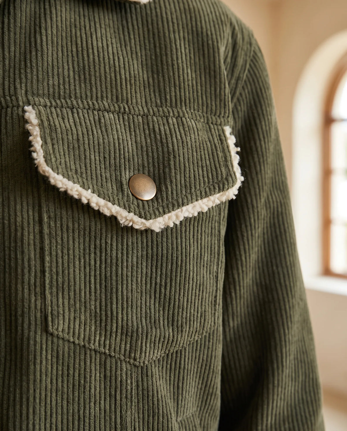 Sage Cropped Trucker Jacket with Plush Collar – Army Green