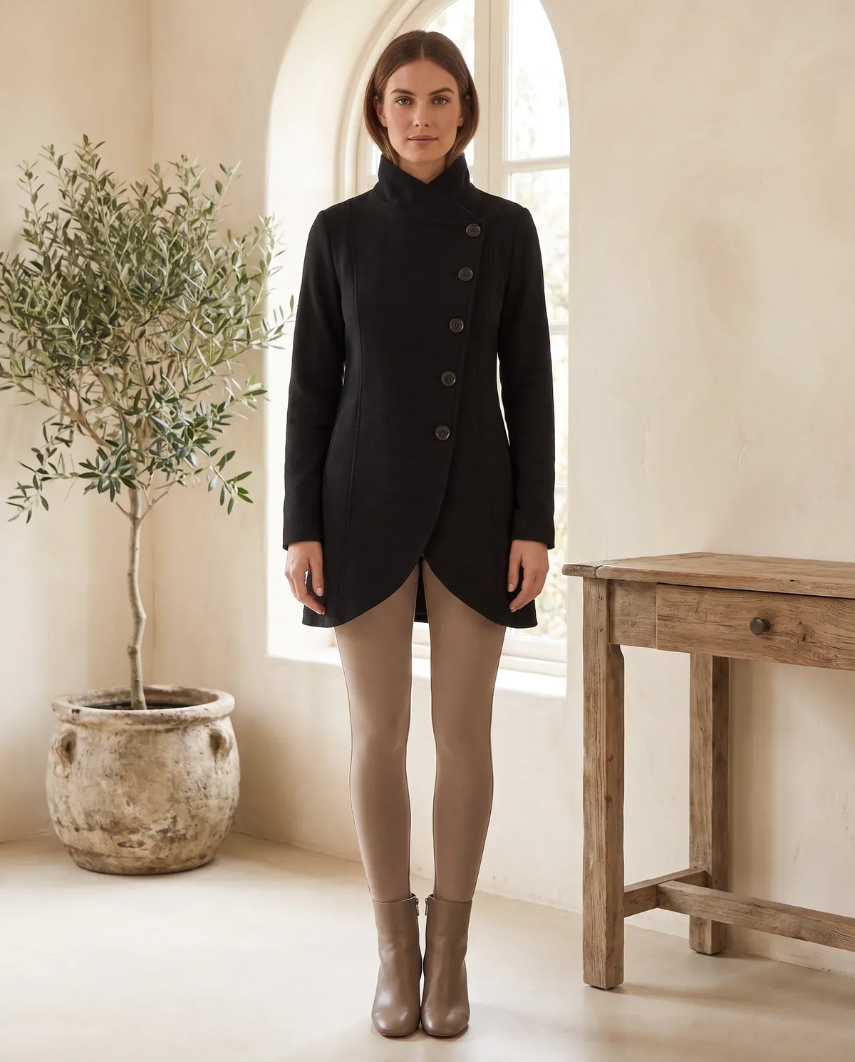 Simone Asymmetric Button Funnel Neck Coat for Women – Black