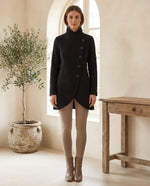 Simone Asymmetric Button Funnel Neck Coat for Women – Black