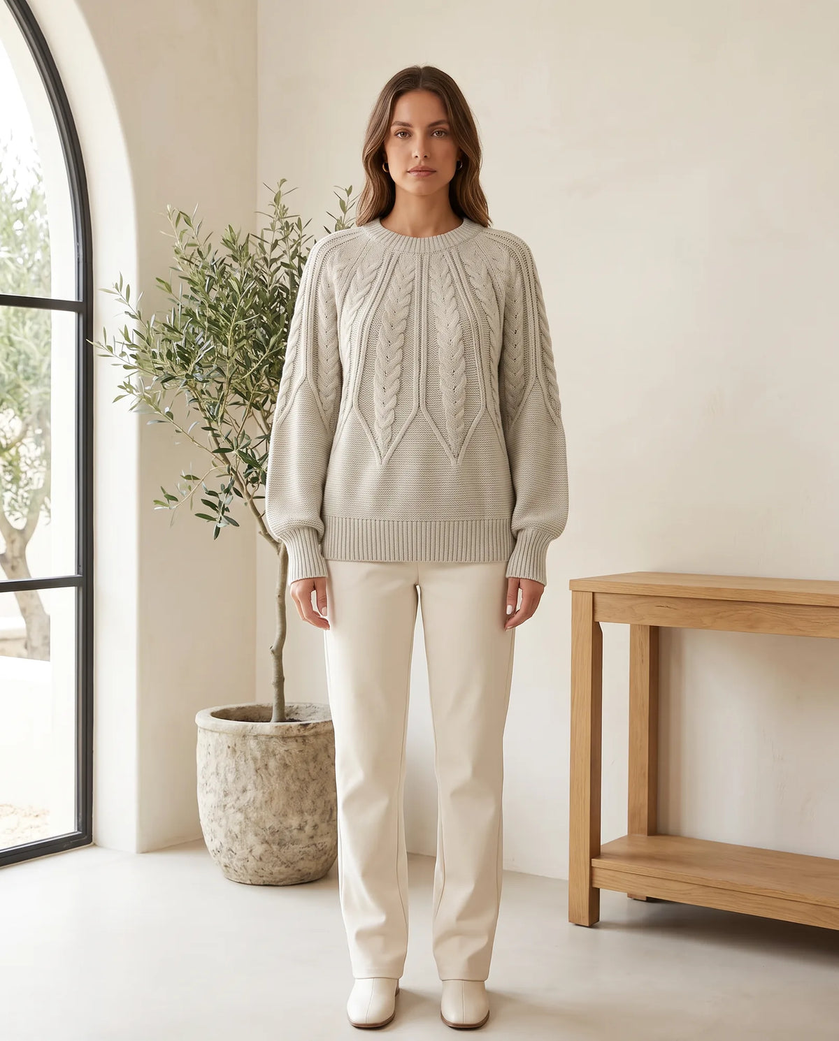 Isla Cable Knit Sweater for Women - Crew Neck Long Sleeve Jumper - Beige | Auburn Row