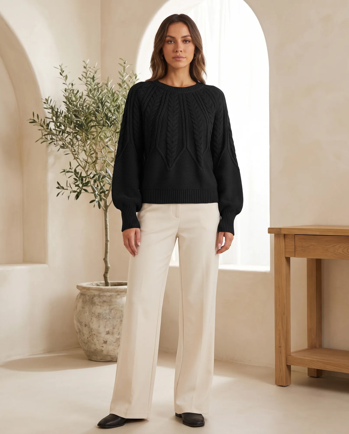 Isla Cable Knit Sweater for Women - Crew Neck Long Sleeve Jumper - Black | Auburn Row