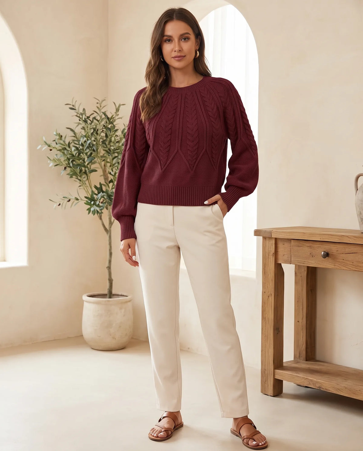 Isla Cable Knit Sweater for Women - Crew Neck Long Sleeve Jumper - Burgundy | Auburn Row