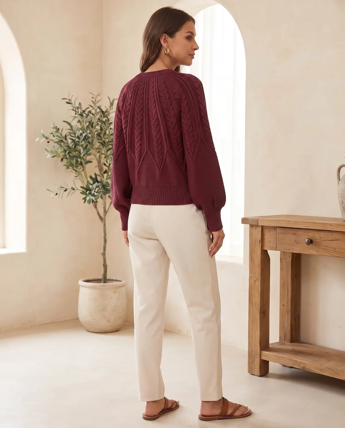Isla Cable Knit Sweater for Women - Crew Neck Long Sleeve Jumper - Burgundy | Auburn Row