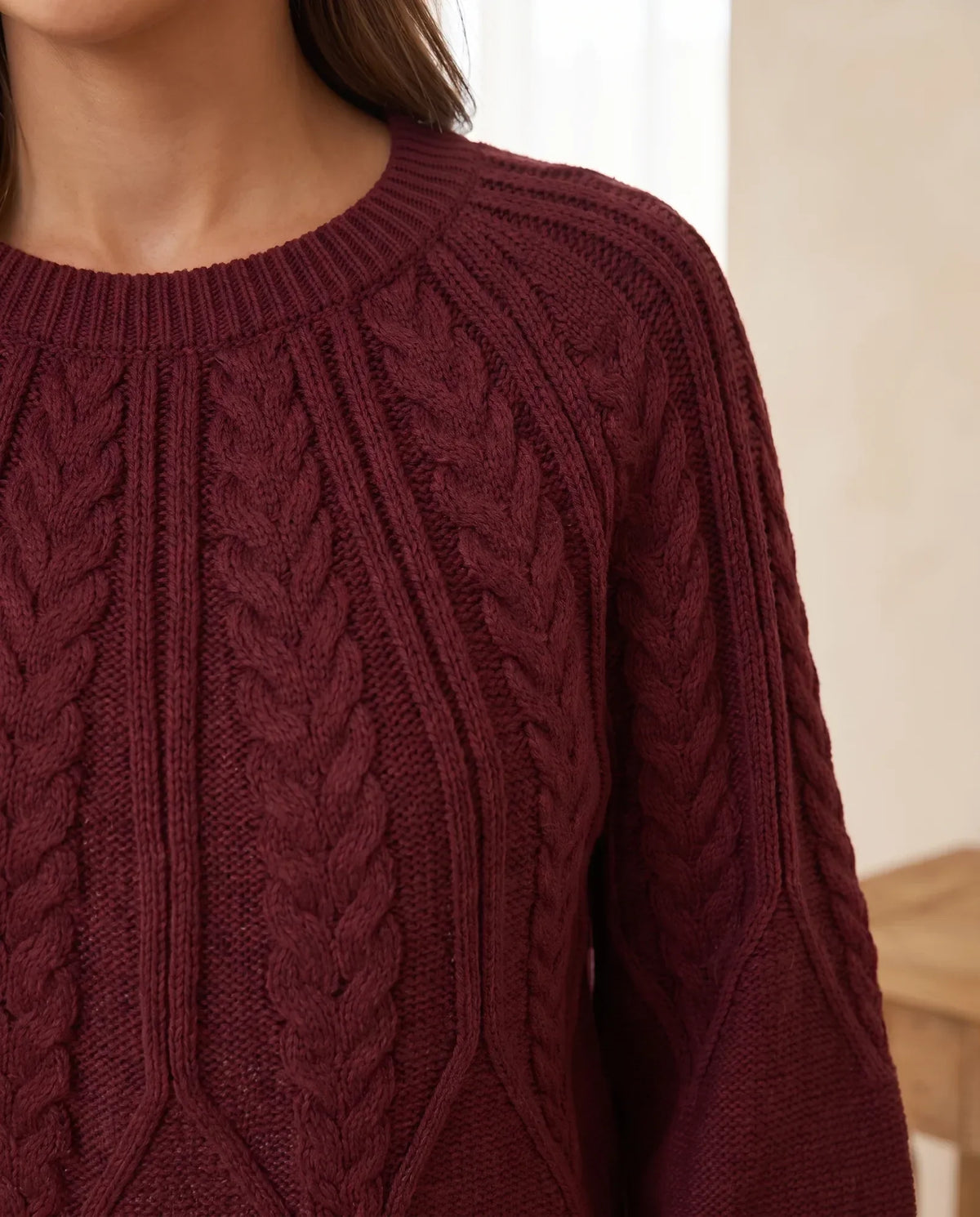 Isla Cable Knit Sweater for Women - Crew Neck Long Sleeve Jumper - Burgundy | Auburn Row