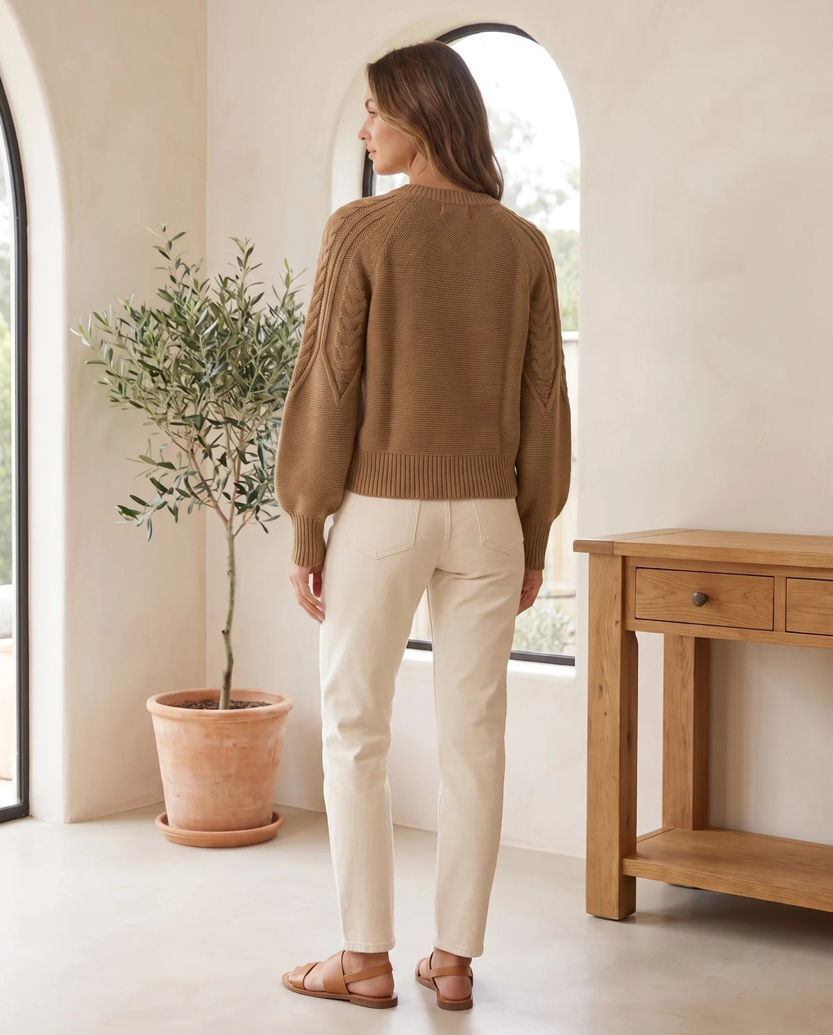 Isla Cable Knit Sweater for Women - Crew Neck Long Sleeve Jumper - Camel | Auburn Row
