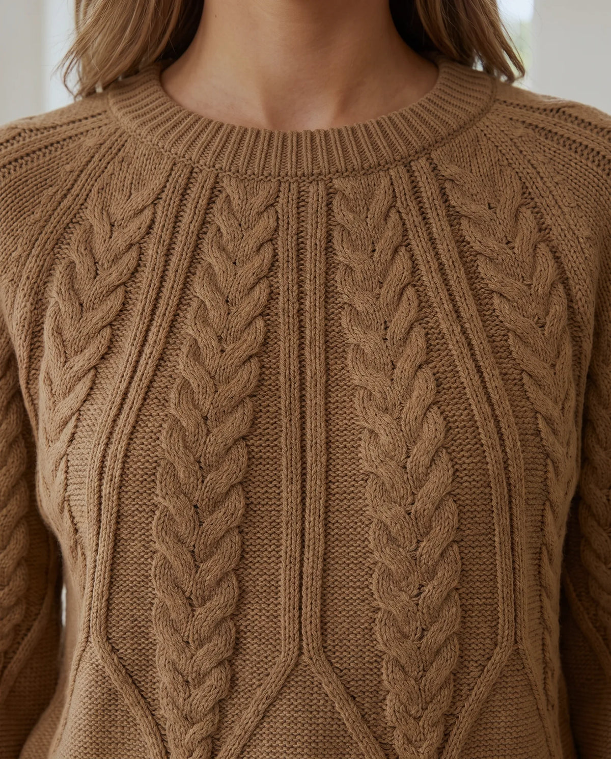 Isla Cable Knit Sweater for Women - Crew Neck Long Sleeve Jumper - Camel | Auburn Row