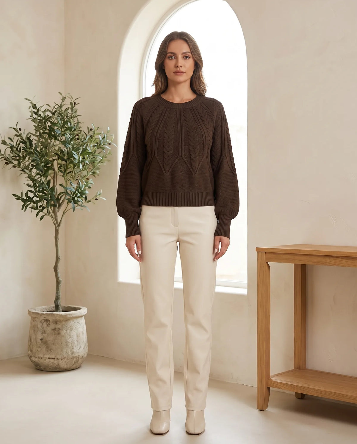 Isla Cable Knit Sweater for Women - Crew Neck Long Sleeve Jumper - Coffee Brown | Auburn Row