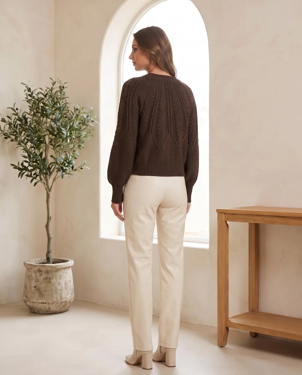 Isla Cable Knit Sweater for Women - Crew Neck Long Sleeve Jumper - Coffee Brown | Auburn Row