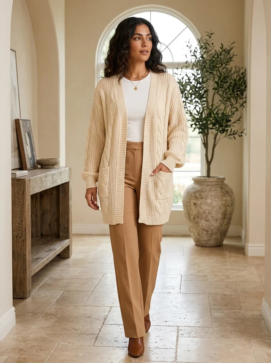 Juniper Chunky Cable Knit Cardigan for Women - Open Front Oversized with Patch Pockets - Beige | Auburn Row
