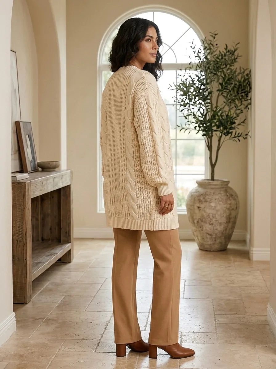 Juniper Chunky Cable Knit Cardigan for Women - Open Front Oversized with Patch Pockets - Beige | Auburn Row