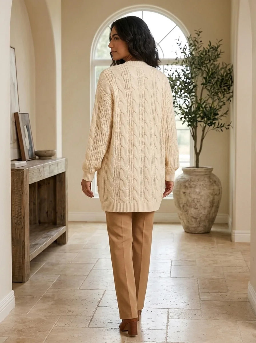 Juniper Chunky Cable Knit Cardigan for Women - Open Front Oversized with Patch Pockets - Beige | Auburn Row