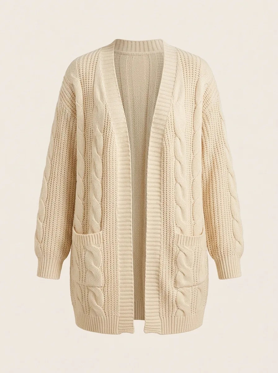 Juniper Chunky Cable Knit Cardigan for Women - Open Front Oversized with Patch Pockets - Beige | Auburn Row