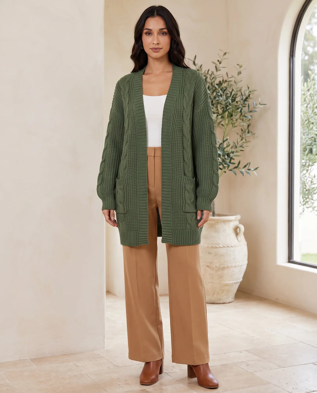 Juniper Chunky Cable Knit Cardigan for Women - Open Front Oversized with Patch Pockets - Green | Auburn Row