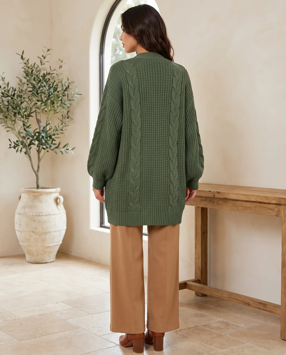 Juniper Chunky Cable Knit Cardigan for Women - Open Front Oversized with Patch Pockets - Green | Auburn Row