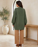 Juniper Chunky Cable Knit Cardigan for Women - Open Front Oversized with Patch Pockets - Green | Auburn Row