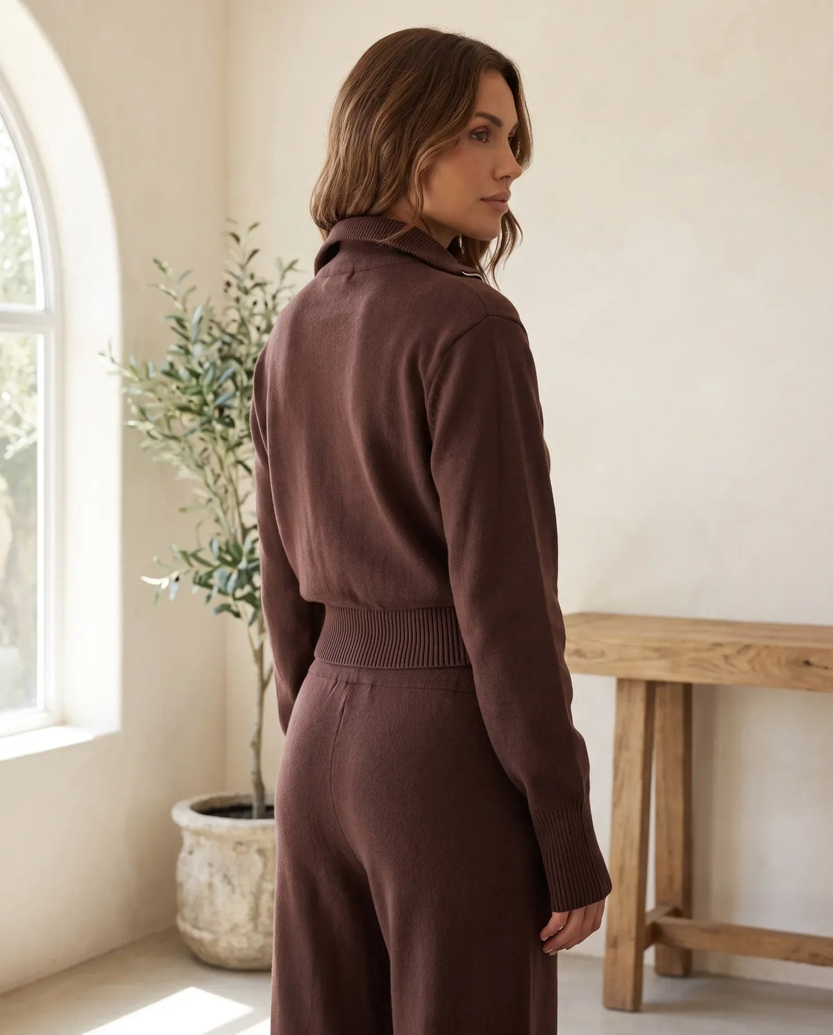 Winnie Knit Lounge Set with Wide Leg Pants – Chocolate Brown
