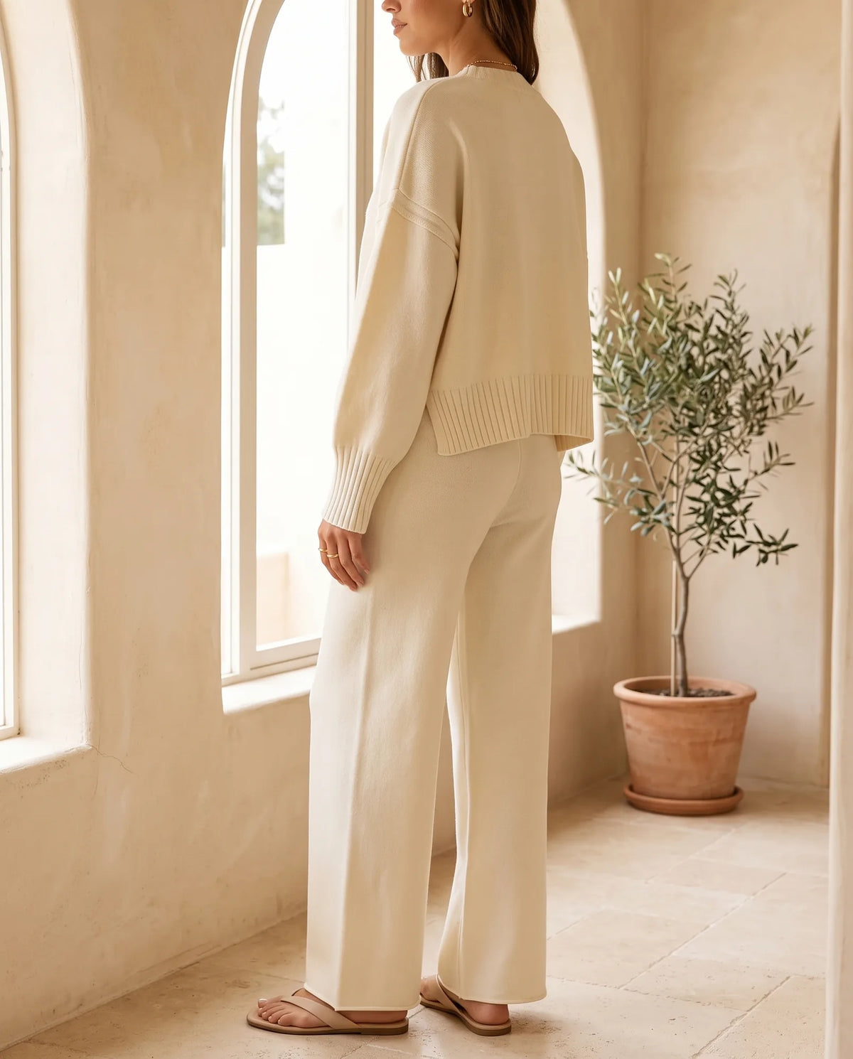 Lyra Knit Sweater & Wide Leg Pants Set – Cream