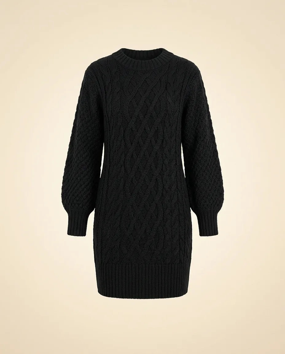 Maren Sweater Dress for Women - Oversized Cable Knit Crew Neck - Black