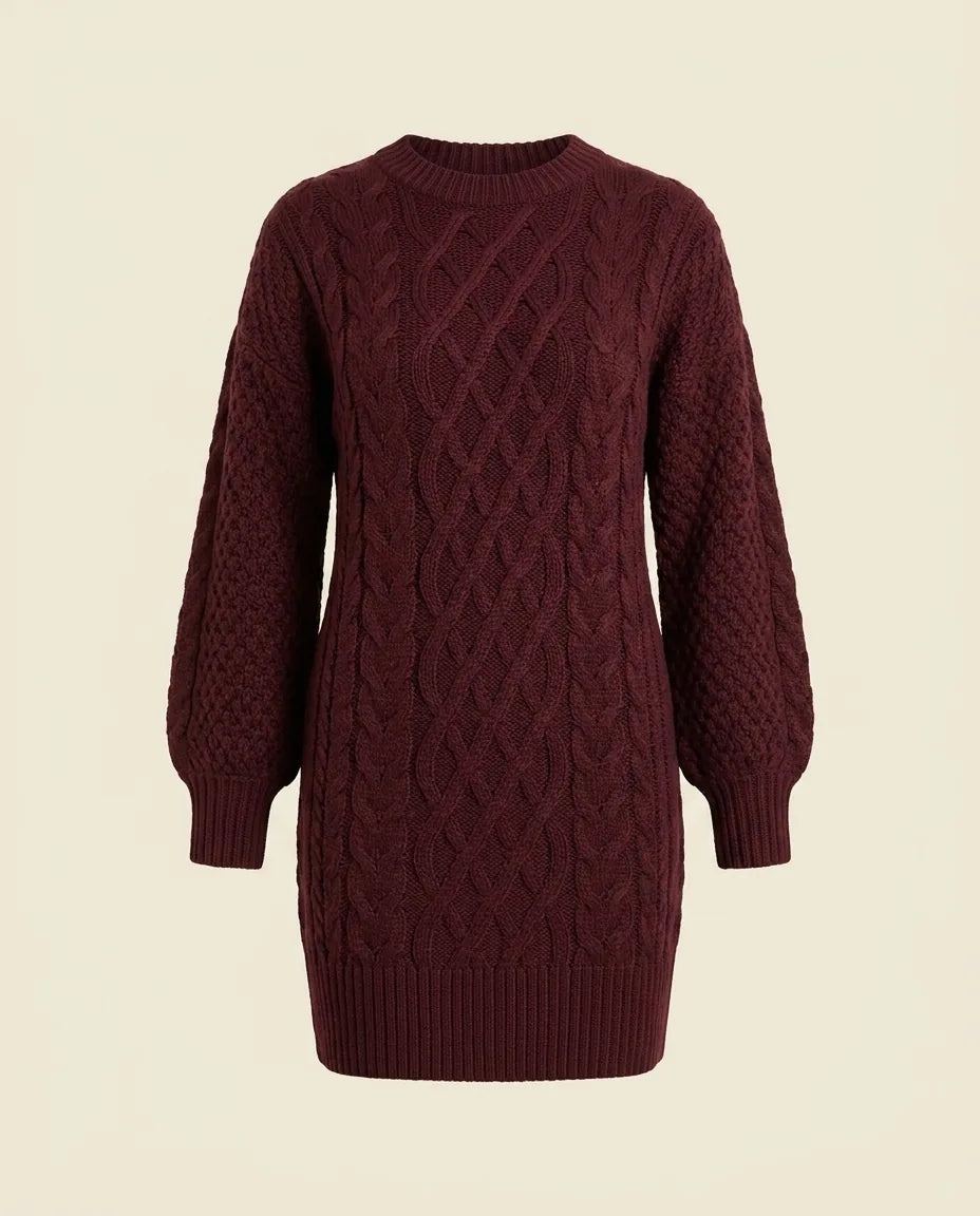 Maren Sweater Dress for Women - Oversized Cable Knit Crew Neck - Burgundy
