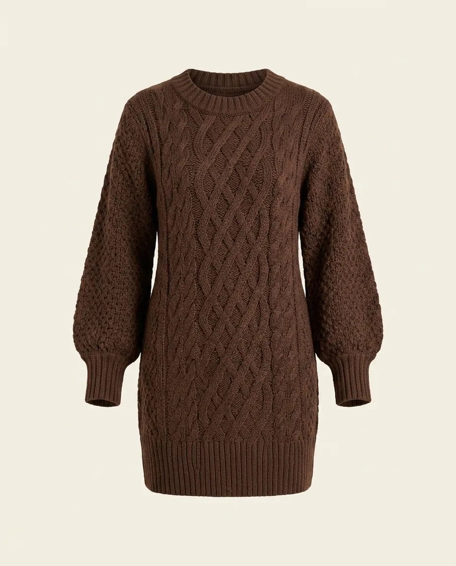 Maren Sweater Dress for Women - Oversized Cable Knit Crew Neck - Chocolate Brown