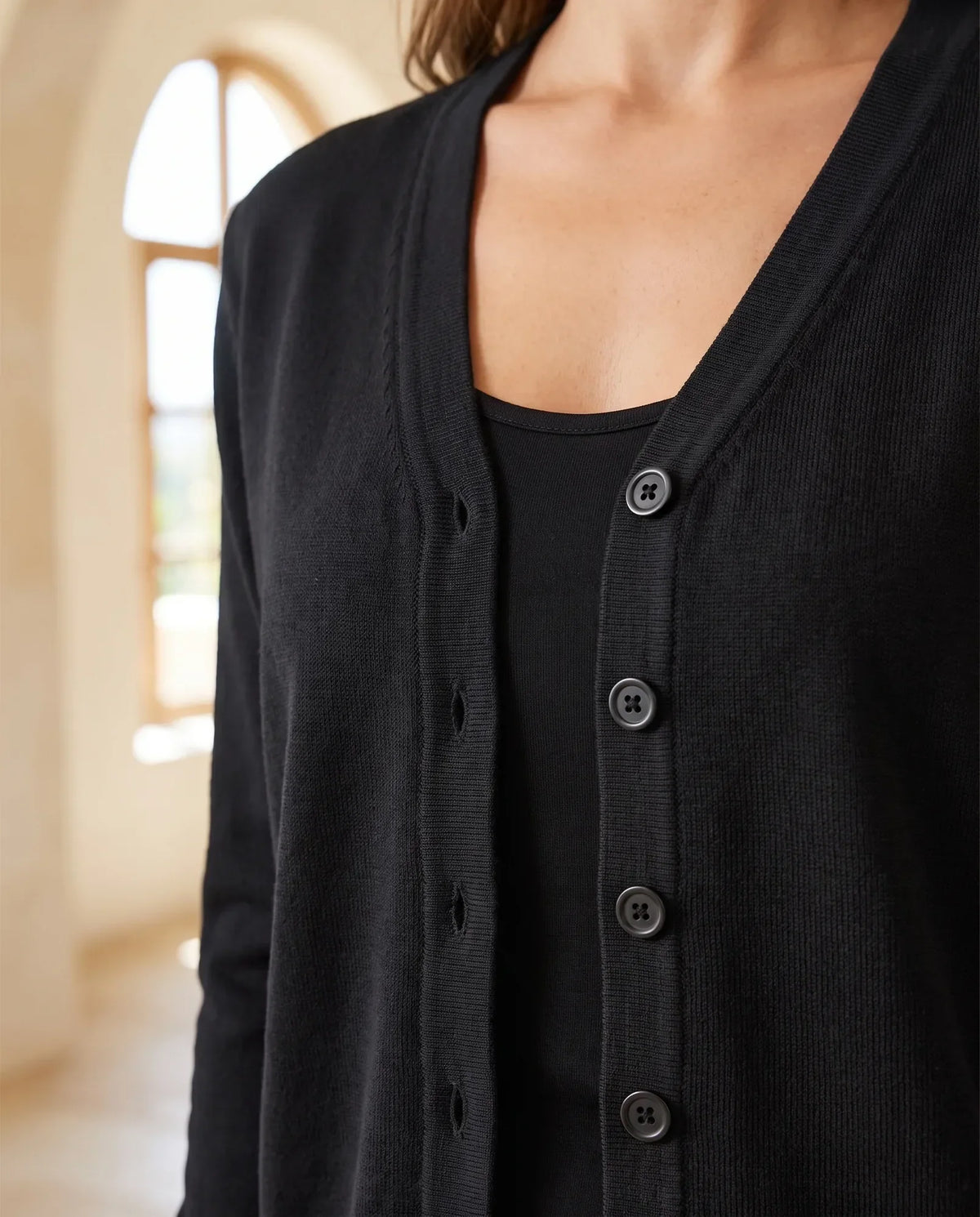 Odette Fine Knit Cardigan for Women - Button Front V-Neck - Black | Auburn Row