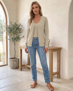 Odette Fine Knit Cardigan for Women - Button Front V-Neck - Khaki | Auburn Row