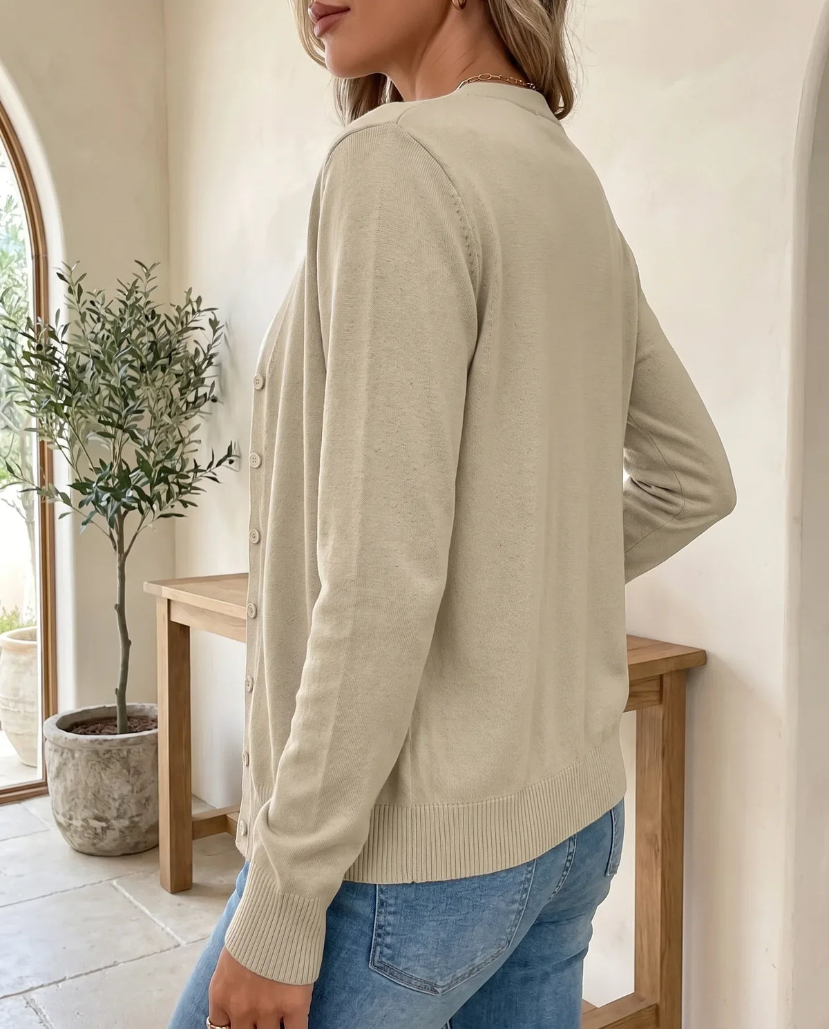 Odette Fine Knit Cardigan for Women - Button Front V-Neck - Khaki | Auburn Row