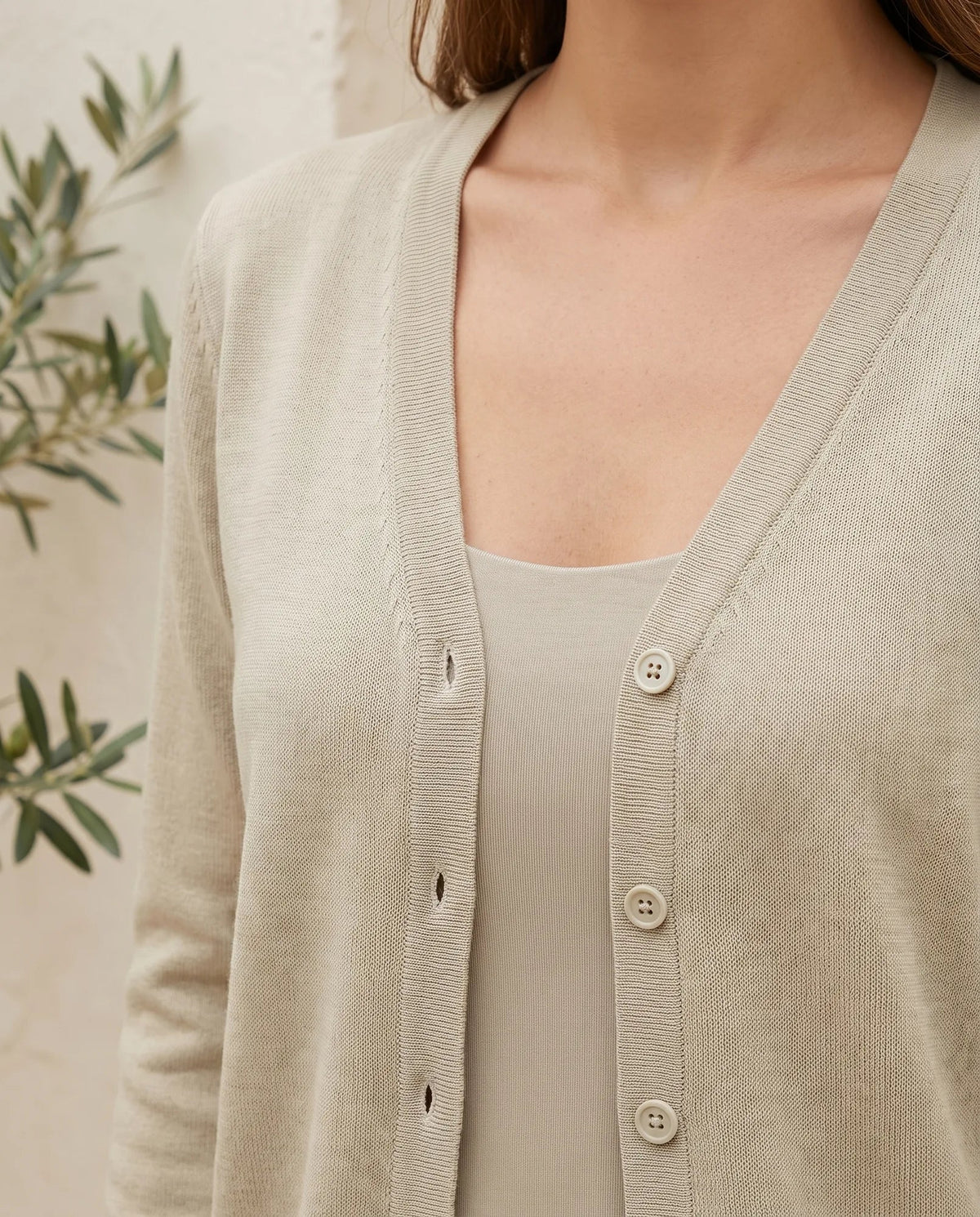 Odette Fine Knit Cardigan for Women - Button Front V-Neck - Khaki | Auburn Row