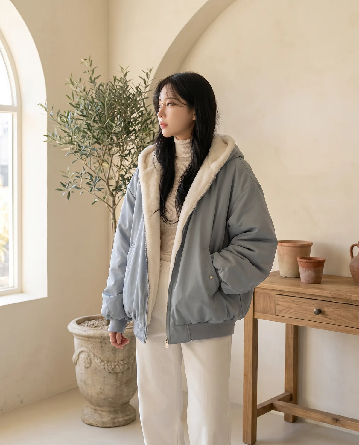 Poppy Oversized Hooded Bomber Jacket for Women – Dusty Blue
