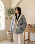 Poppy Oversized Hooded Bomber Jacket for Women – Dusty Blue