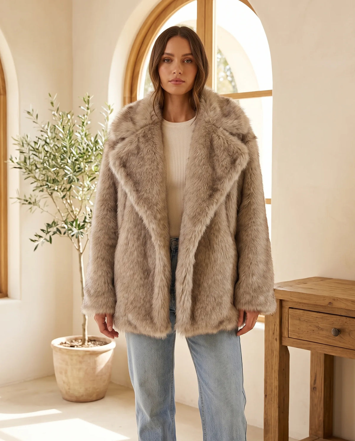 Fleur Plush Fluffy Winter Coat for Women – Taupe