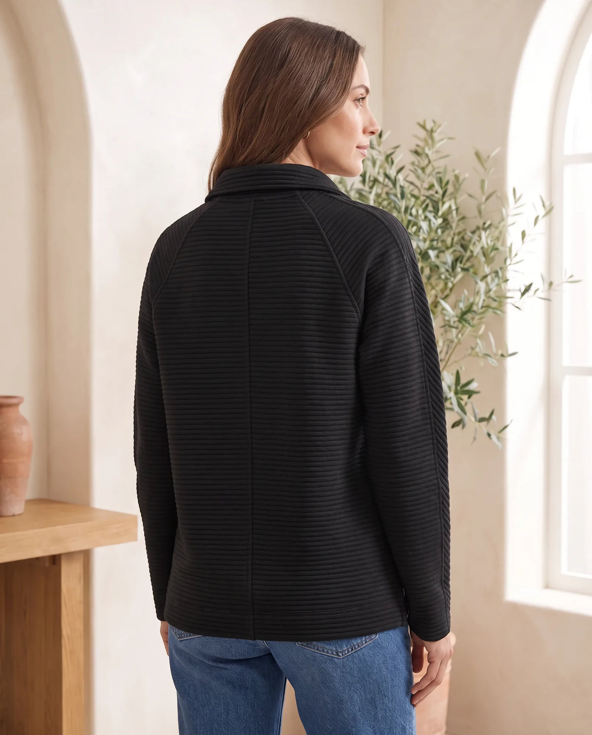 Quarter Zip Sweater for Women - Ribbed Knit Stand Collar Pullover - Black | Auburn Row