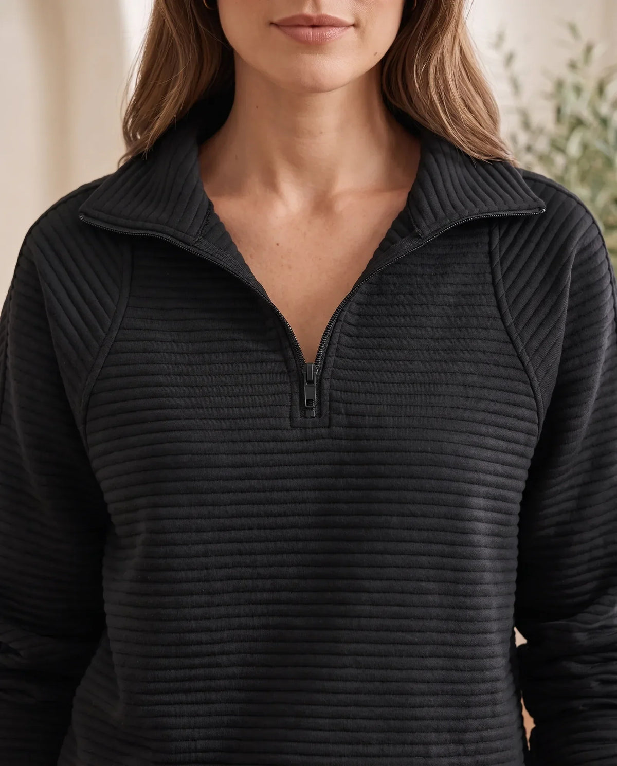 Quarter Zip Sweater for Women - Ribbed Knit Stand Collar Pullover - Black | Auburn Row