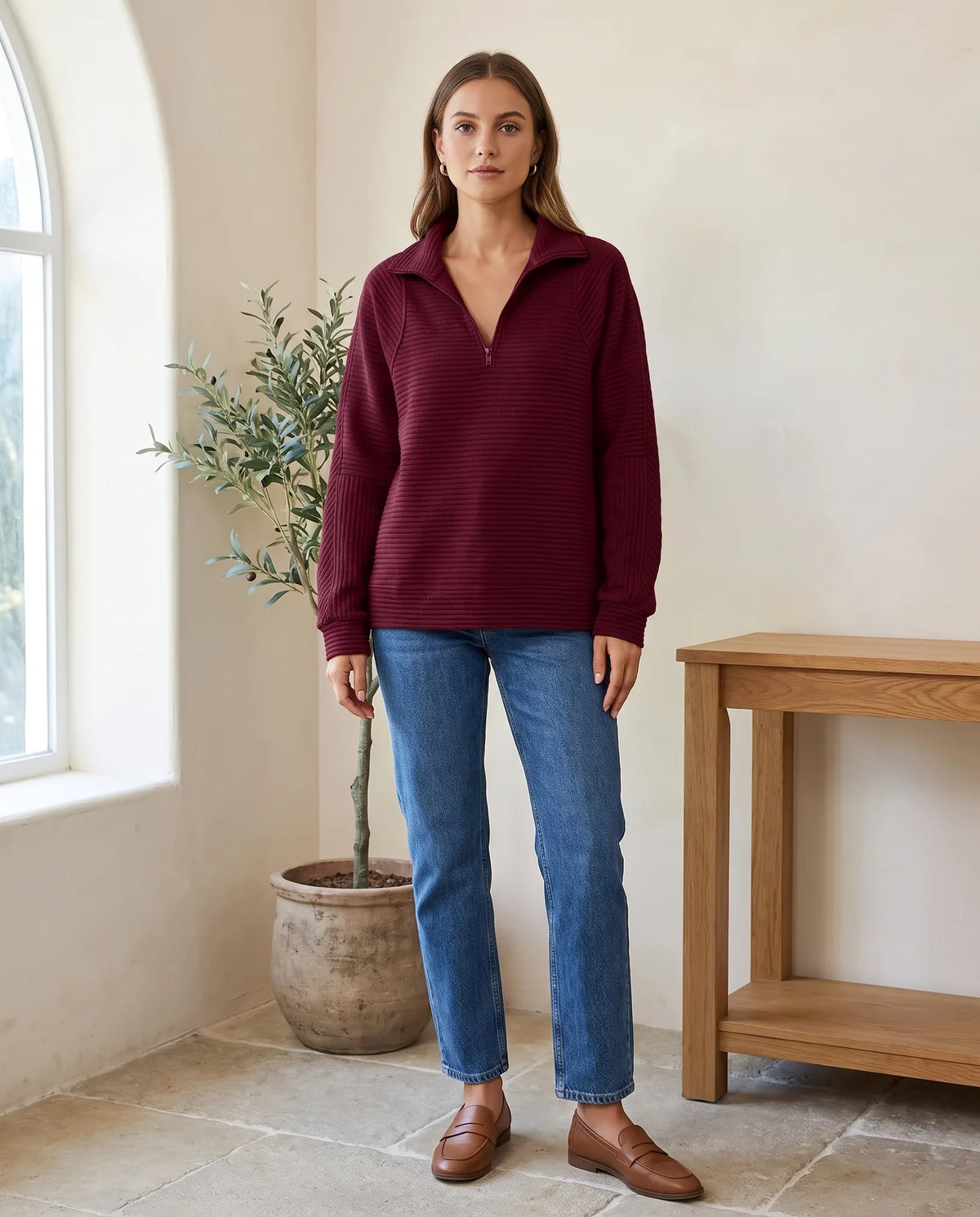 Quarter Zip Sweater for Women - Ribbed Knit Stand Collar Pullover - Burgundy | Auburn Row