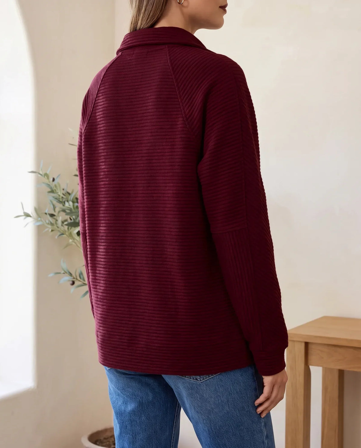 Quarter Zip Sweater for Women - Ribbed Knit Stand Collar Pullover - Burgundy | Auburn Row