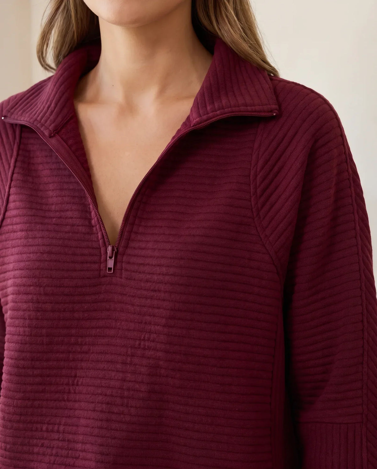 Quarter Zip Sweater for Women - Ribbed Knit Stand Collar Pullover - Burgundy | Auburn Row