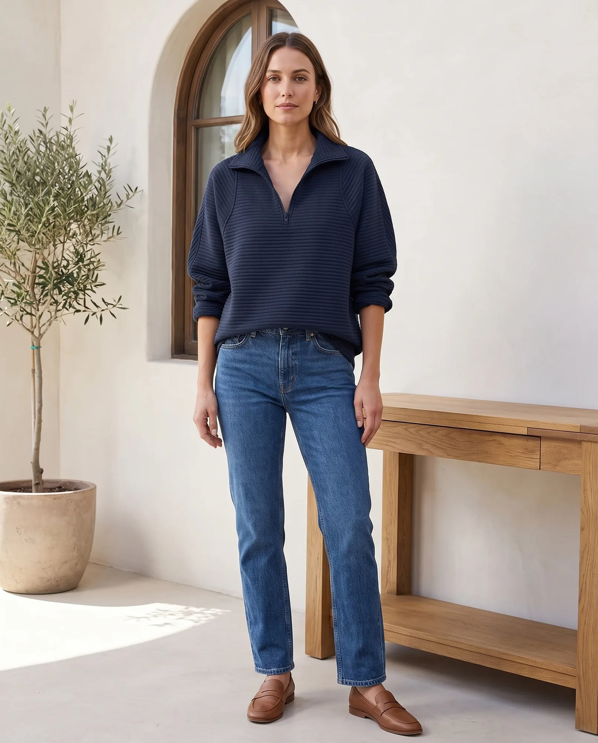 Quarter Zip Sweater for Women - Ribbed Knit Stand Collar Pullover - Dark Blue | Auburn Row