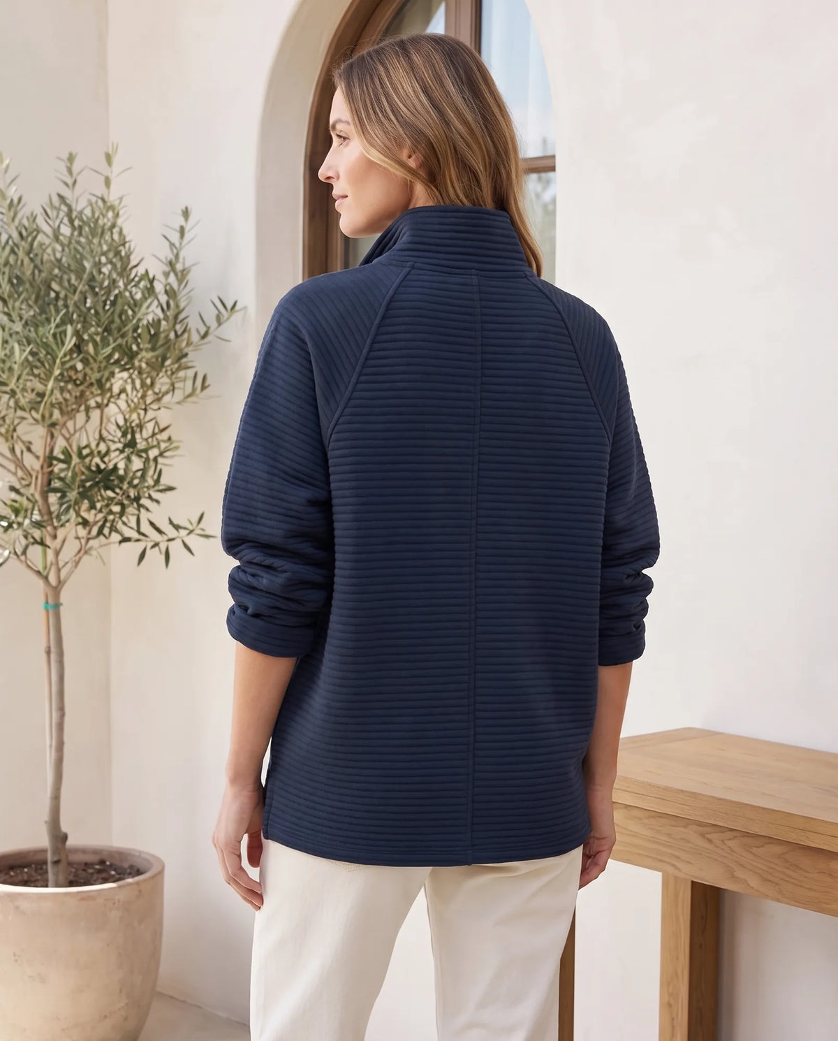 Quarter Zip Sweater for Women - Ribbed Knit Stand Collar Pullover - Dark Blue | Auburn Row