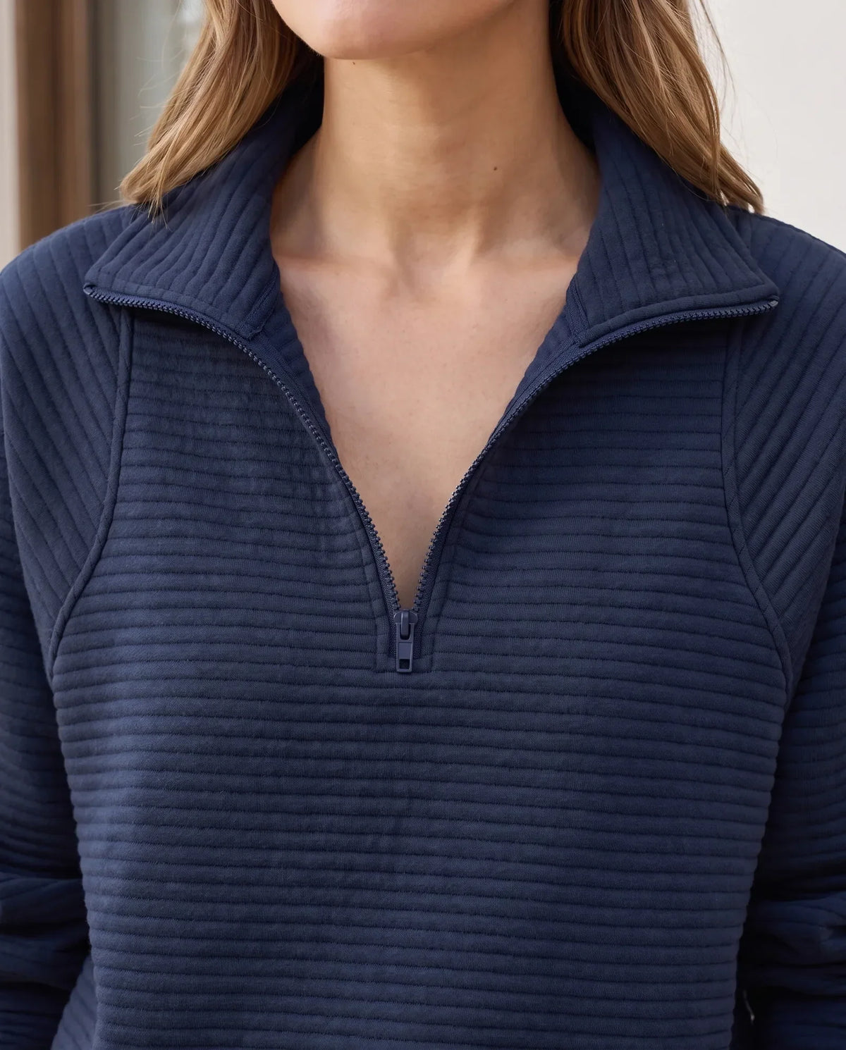 Quarter Zip Sweater for Women - Ribbed Knit Stand Collar Pullover - Dark Blue | Auburn Row