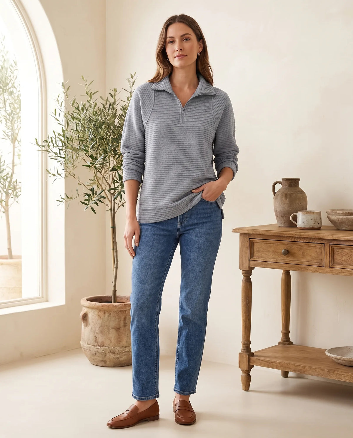 Quarter Zip Sweater for Women - Ribbed Knit Stand Collar Pullover - Grey | Auburn Row