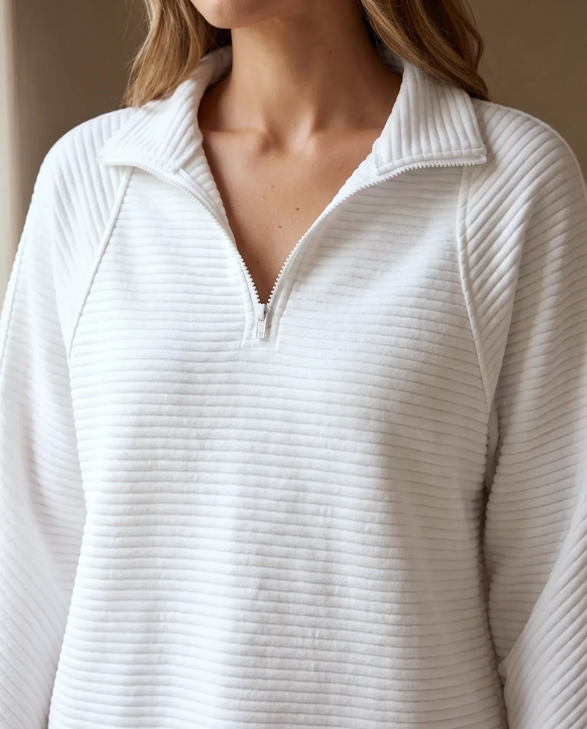 Quarter Zip Sweater for Women - Ribbed Knit Stand Collar Pullover - White | Auburn Row