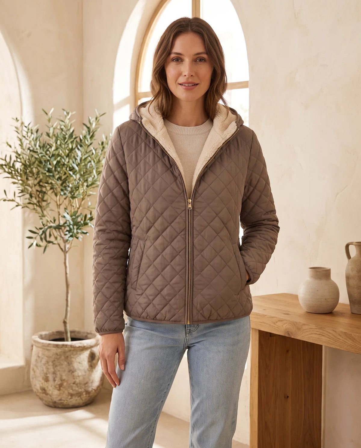 Freya Quilted Puffer Jacket for Women – Taupe