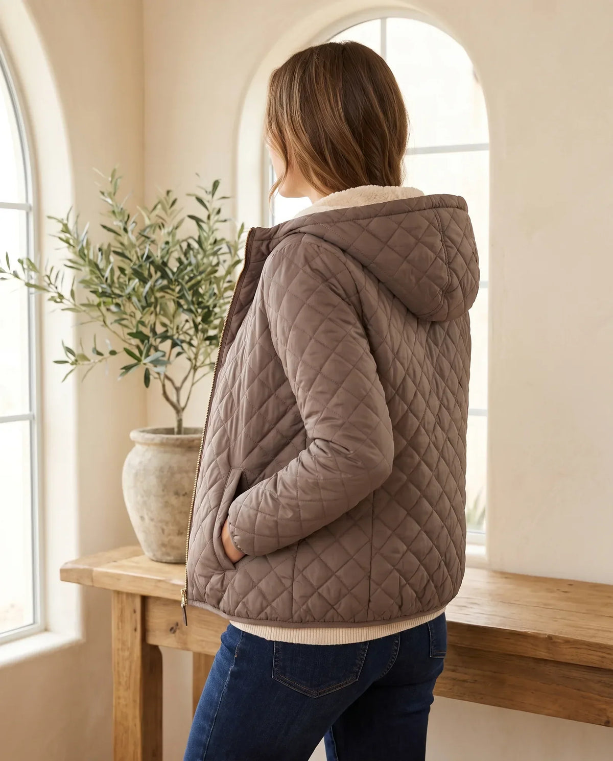 Freya Quilted Puffer Jacket for Women – Taupe
