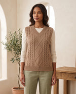 Georgia V-Neck Cable Knit Sweater Vest for Women – Tan