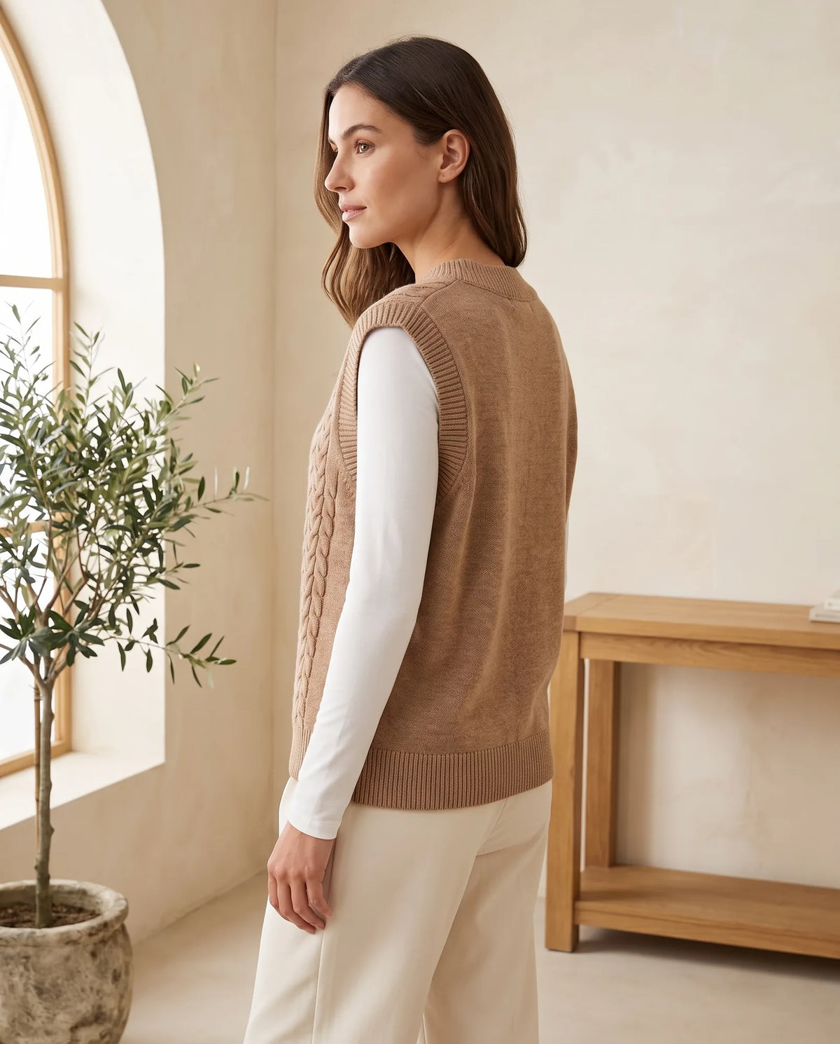 Georgia V-Neck Cable Knit Sweater Vest for Women – Tan