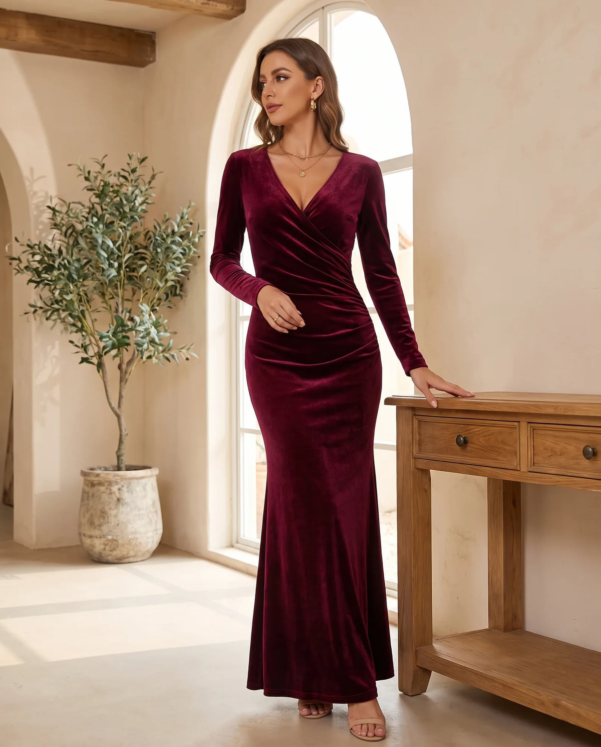 Genevieve Long Sleeve Cocktail Maxi Dress for Women – Wine