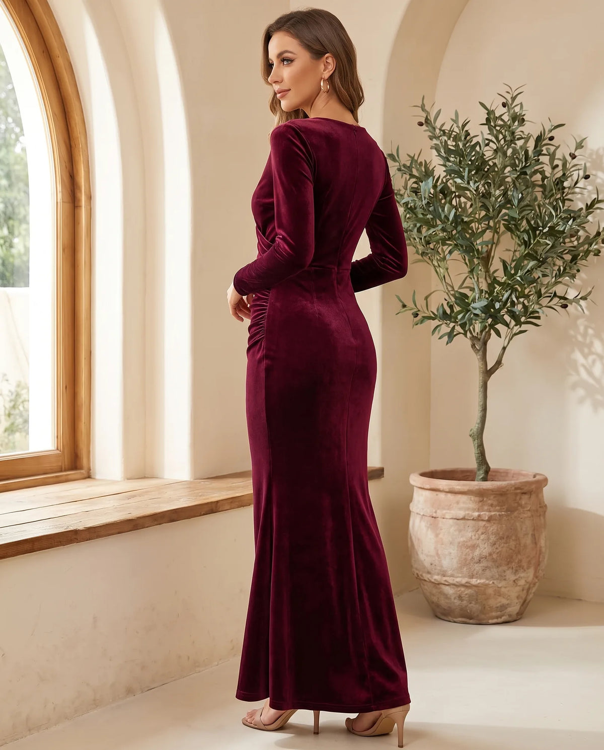 Genevieve Long Sleeve Cocktail Maxi Dress for Women – Wine