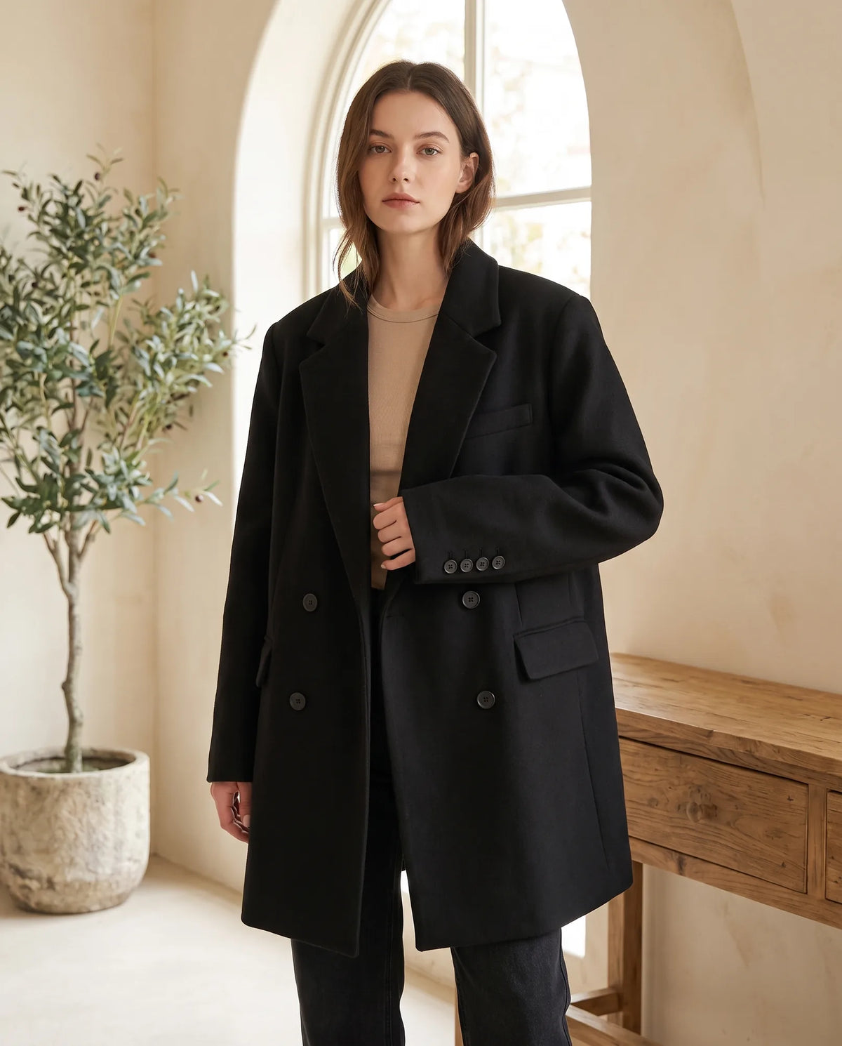 Greer Double-Breasted Winter Coat for Women – Black