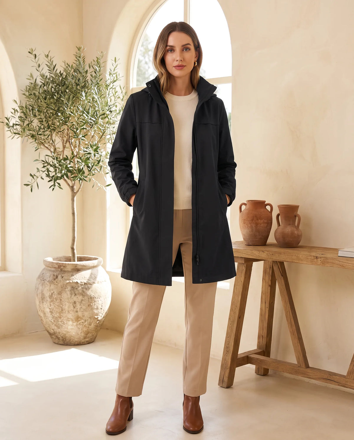 Harlow Hooded Slim Fit Trench Coat for Women – Black